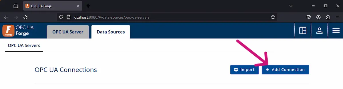 A partial screenshot of Forge in the Data Sources view. A pink arrow pointing to a button "+ Add Connection"