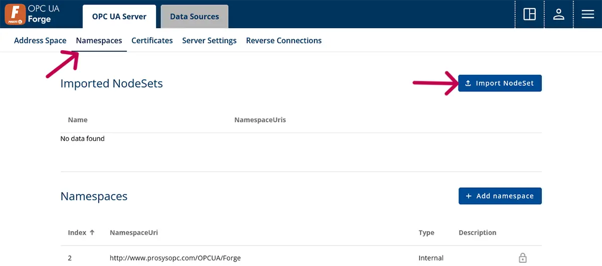 Screenshot of Forge’s OPC UA Server tab with arrows pointing to “Namespaces” subtab and “Import NodeSet” button.