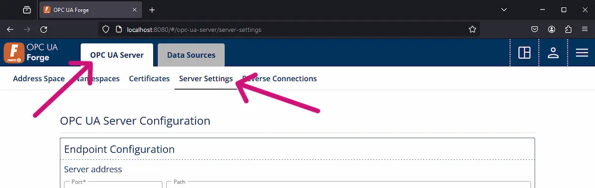 A screenshot of Prosys OPC UA Forge’s Server Settings inside the OPC UA Server tab.