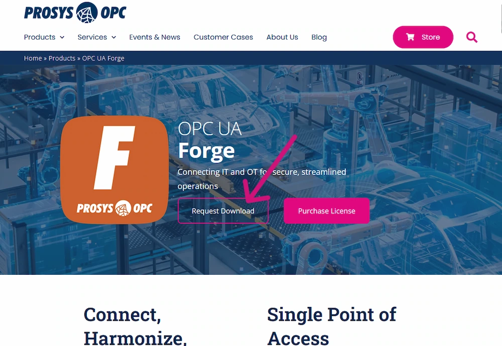 Prosys OPC UA Forge product page where a pink arrow points to the "Request Download" button.