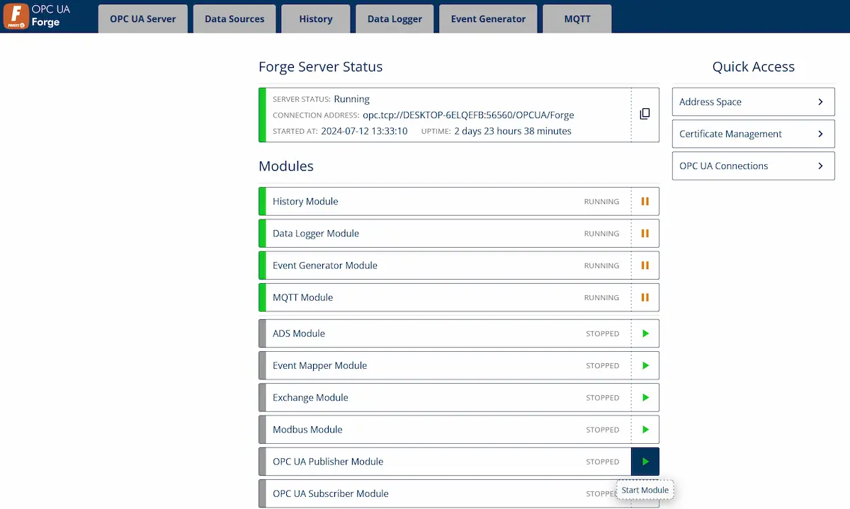 Forge's dashboard view, starting OPC UA Publisher Module