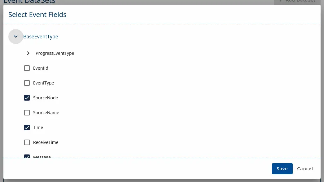 A screenshot of Select Event Fields dialog. List of available event fields and SourceNode, Time, and Message are selected.