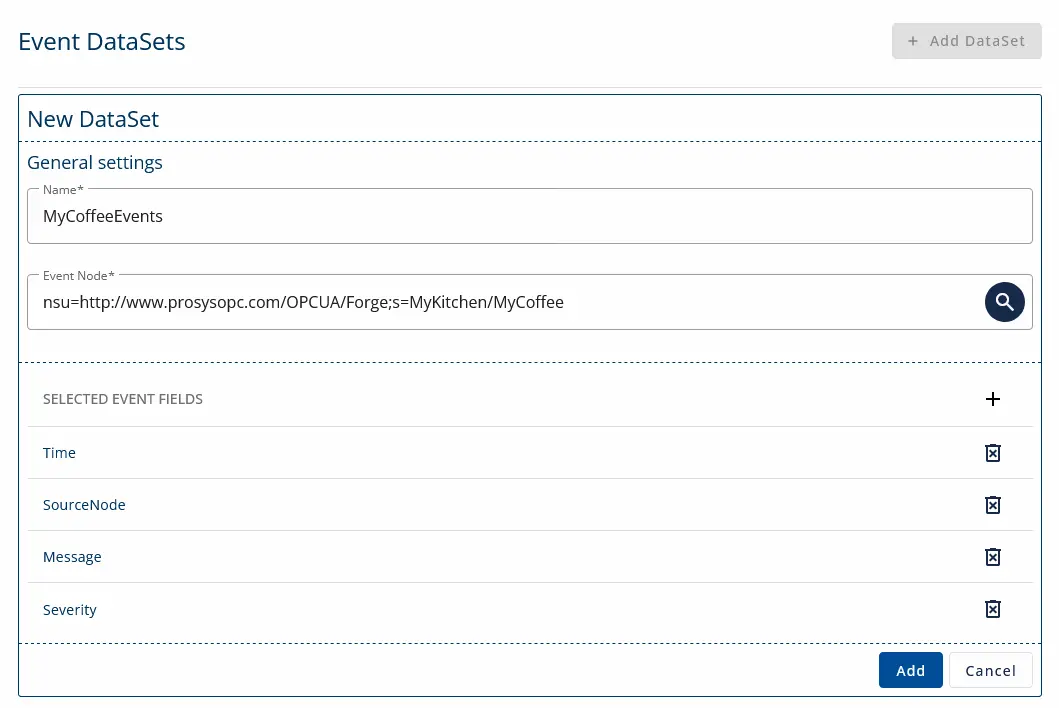 A screenshot of filled event data set configuration.