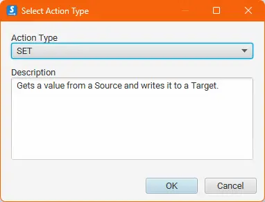 Choosing action type between SET and WAIT. SET is selected.