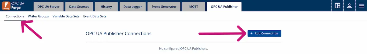 A screenshot of OPC UA Publisher's Connections view. A pink arrow is pointinng to button Add Connection.