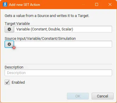 Variable, Constant, is selected to be the target variable of the SET action.