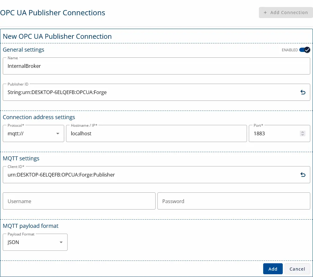 A screenshot of filled OPC UA Publisher connection form.