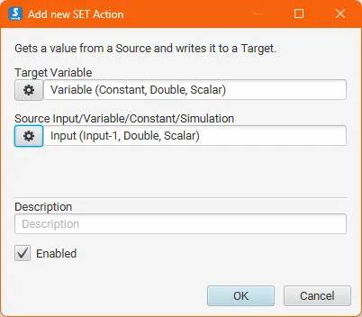 SET action configuration dialog filled.