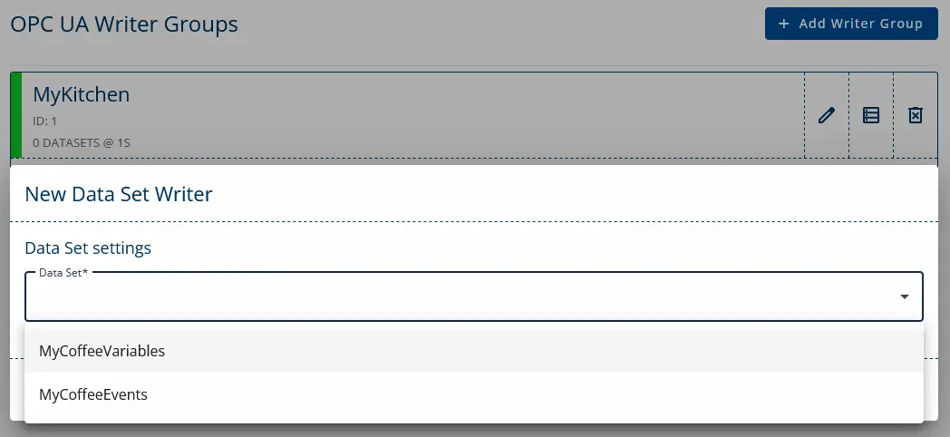 A screenshot of New Data Set Writer dialog. Data Set dropdown list is opened and MyCoffeeVariables is selected.