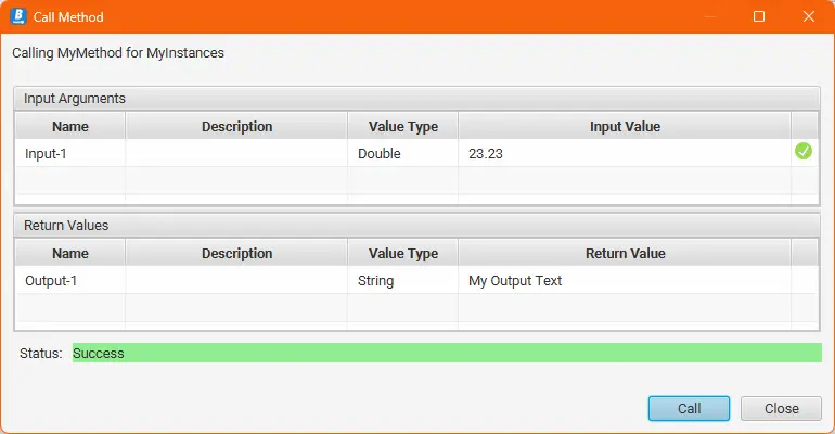 Method response and output argument are shown in the dialog. Status is success.