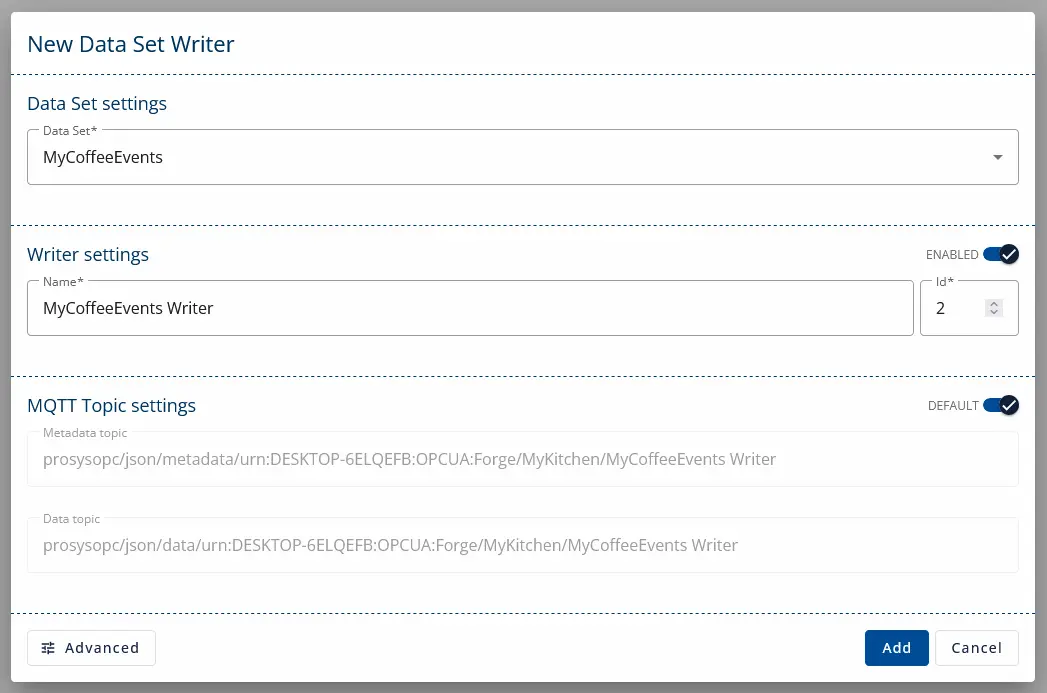 A screenshot of New Data Set Writer dialog. Configuraitons are filled with MyCoffeeEvents parameters.