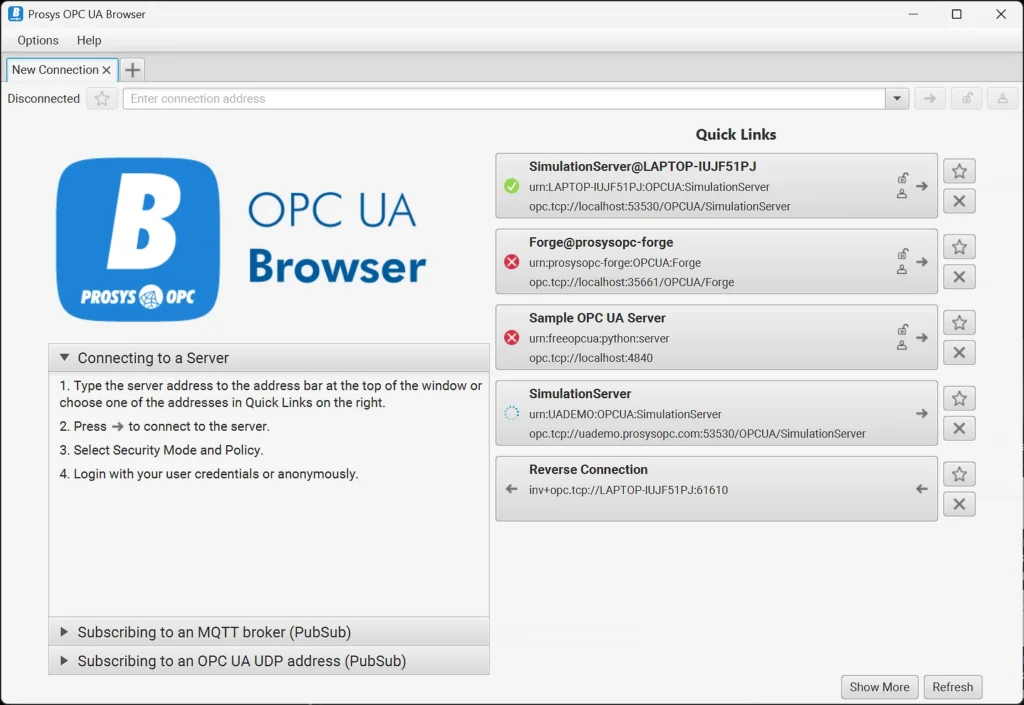 OPC UA Browser new connection screen with quick links and simulation server
