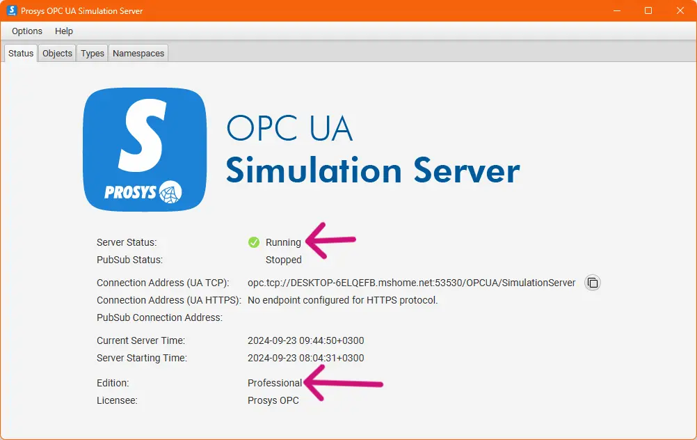 OPC UA Simulation Server - Status tab