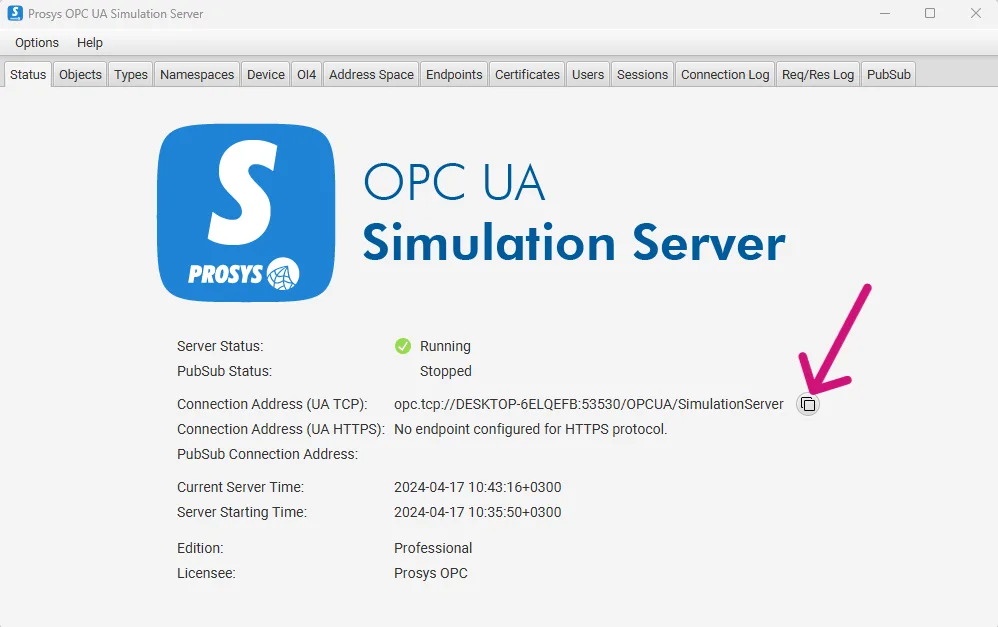 A screenshot of Prosys OPC UA Simulation Server with a pink arrow pointing to the "copy to clipboard" button on the right.