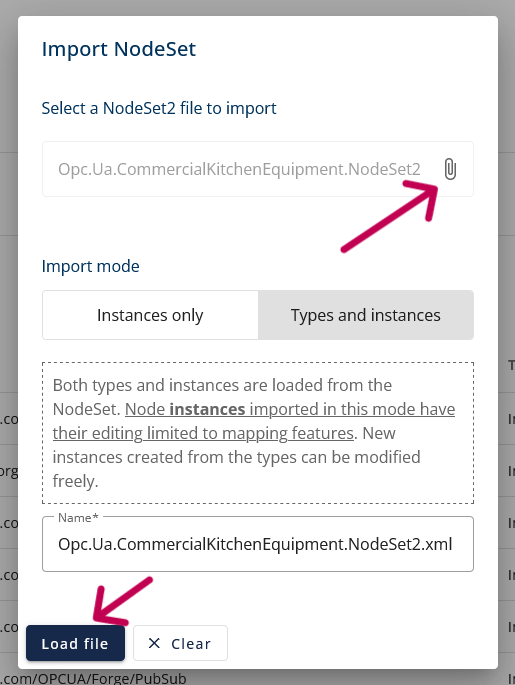 A screenshot of Forge’s “Import NodeSet” view with arrows pointing where to click.
