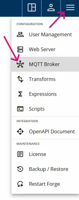 A screenshot of Forge's advanced menu opened and a pink arrow is pointing to MQTT Broker settings.