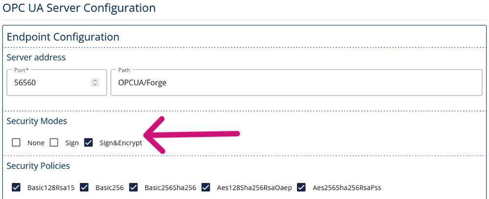 A screenshot of Prosys OPC UA Forge’s OPC UA Server Configuration.