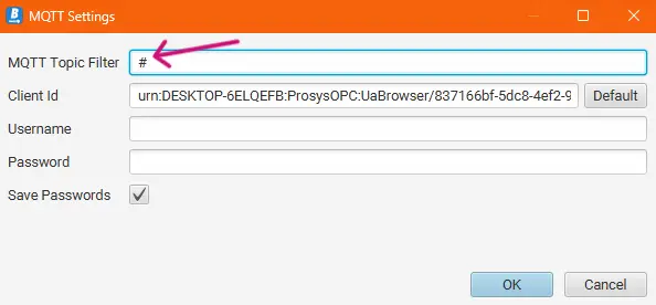 A screenshot of MQTT settings dialog in Prosys OPC UA Browser. # is set to MQTT Topic Filter.