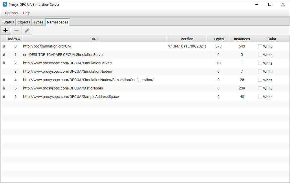 OPC UA Simulation Server - Namespaces tab