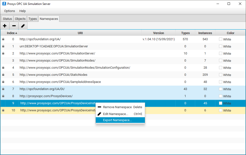 OPC UA Simulation Server - Namespaces tab Export Namespace
