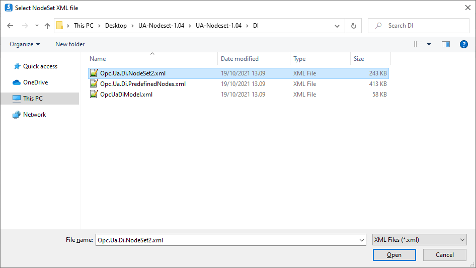 OPC UA Simulation Server - Select NodeSet XML file window
