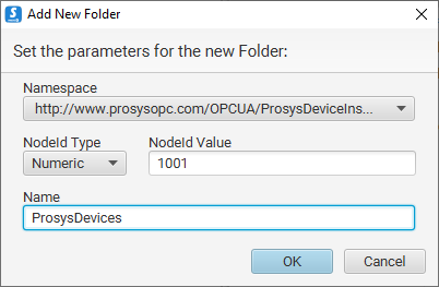 OPC UA Simulation Server - Add New Folder window