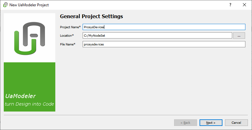 OPC UA Modeler - General Project Settings window