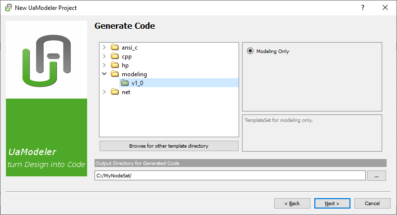 OPC UA Modeler - Generate Code window
