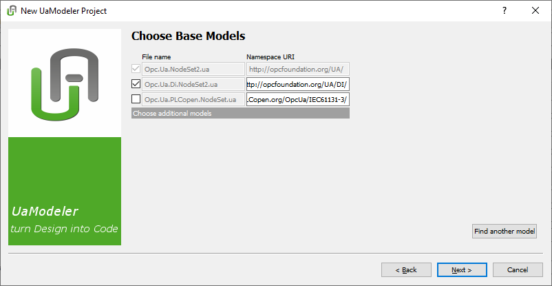 OPC UA Modeler - Choose Base Models window