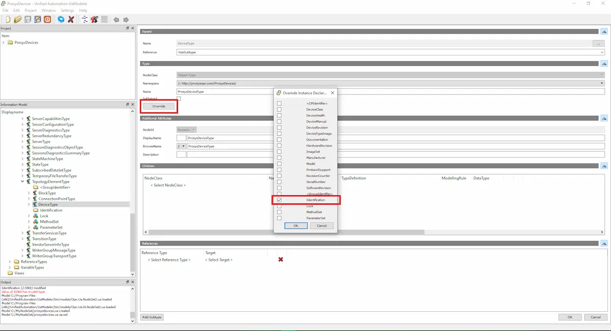 OPC UA Modeler - Override Instance window