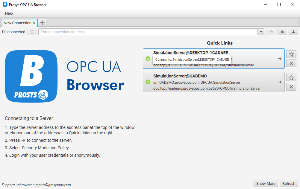 OPC UA Browser - New Connection tab