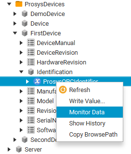 OPC UA Browser - Monitor Data option