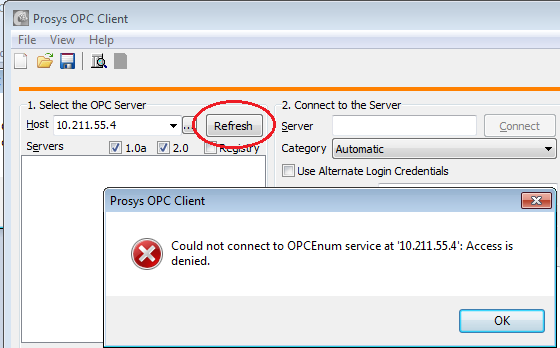Prosys OPC Classic Client - Access Denied window