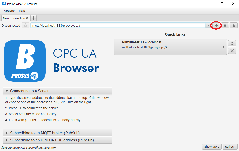 OPC UA Browser Connect button