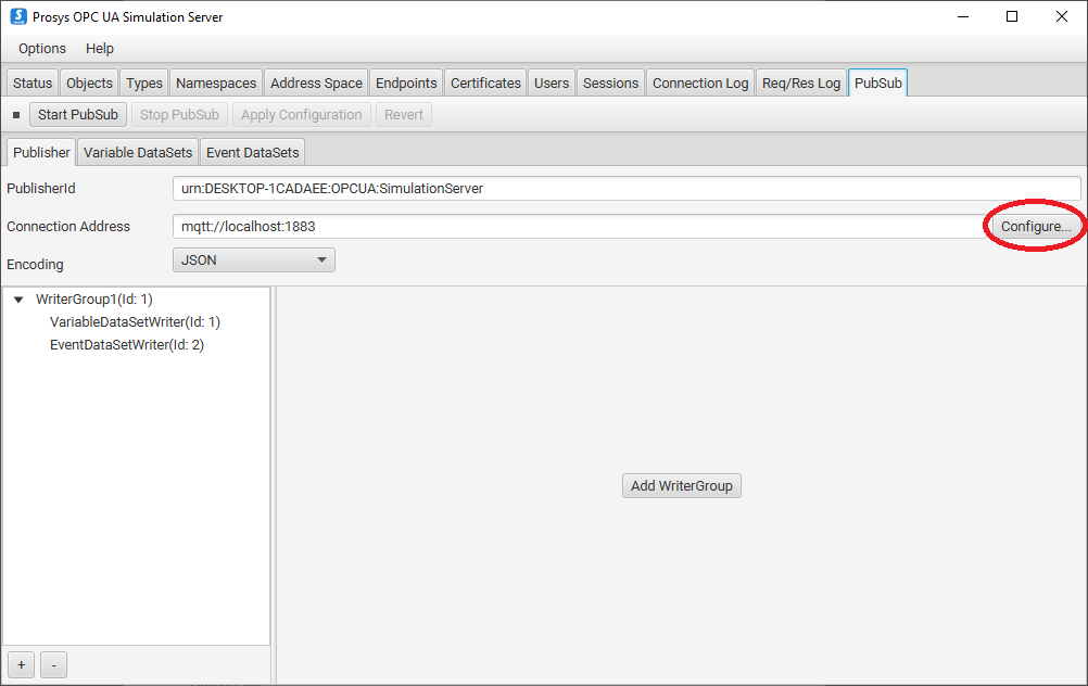 OPC UA Simulation Server - Configure button PubSub View