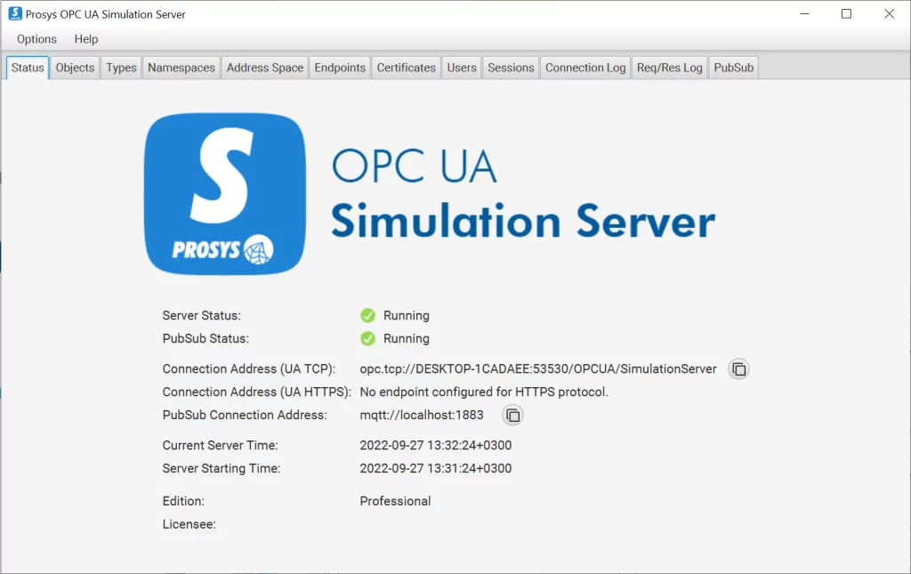 OPC UA Simulation Server - Status tab