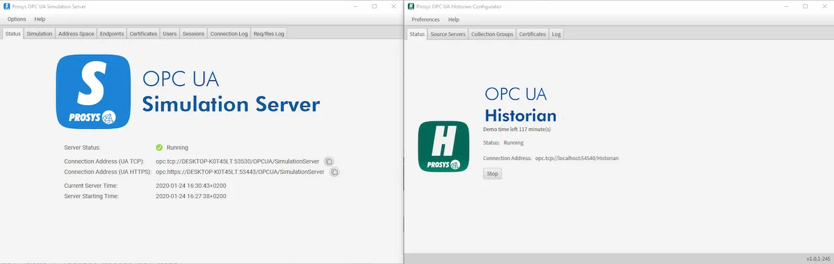OPC UA Historian - OPC UA Simulation Server applications