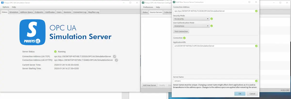 OPC UA Historian - OPC UA Simulation Server connection