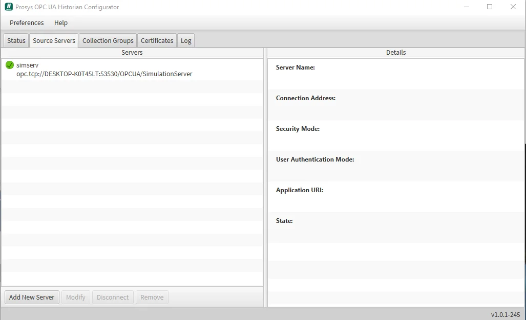 OPC UA Historian - Source Servers tab