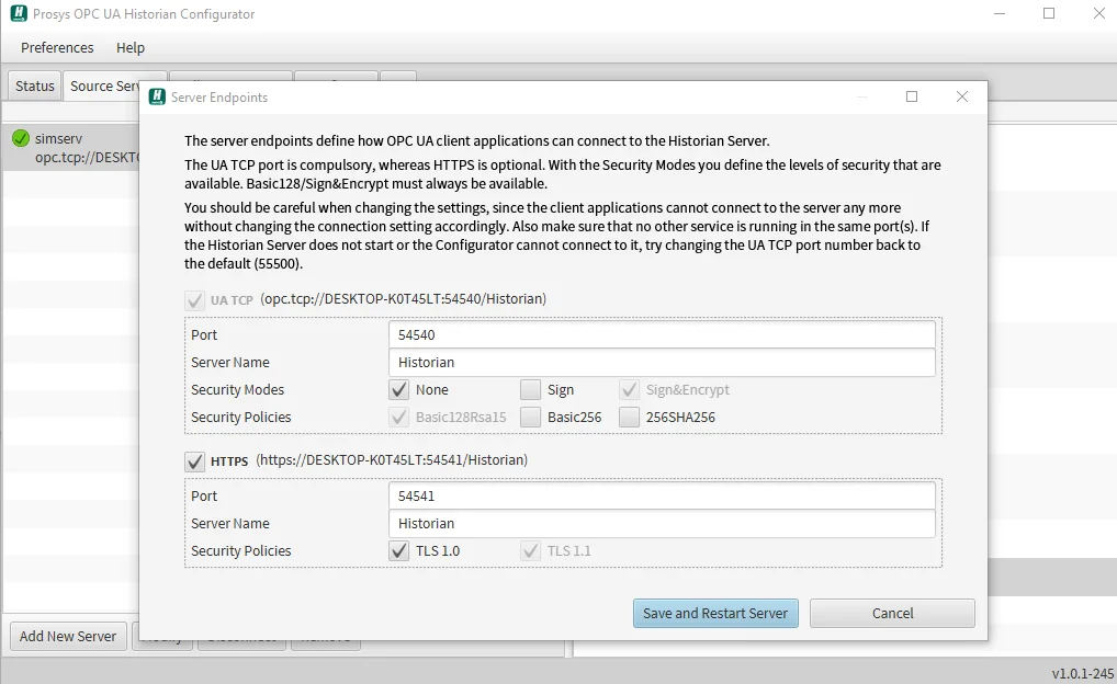 OPC UA Historian - Server Endpoints