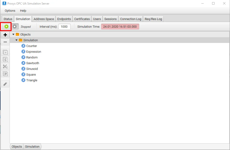 OPC UA Simulation Server - Simulation tab
