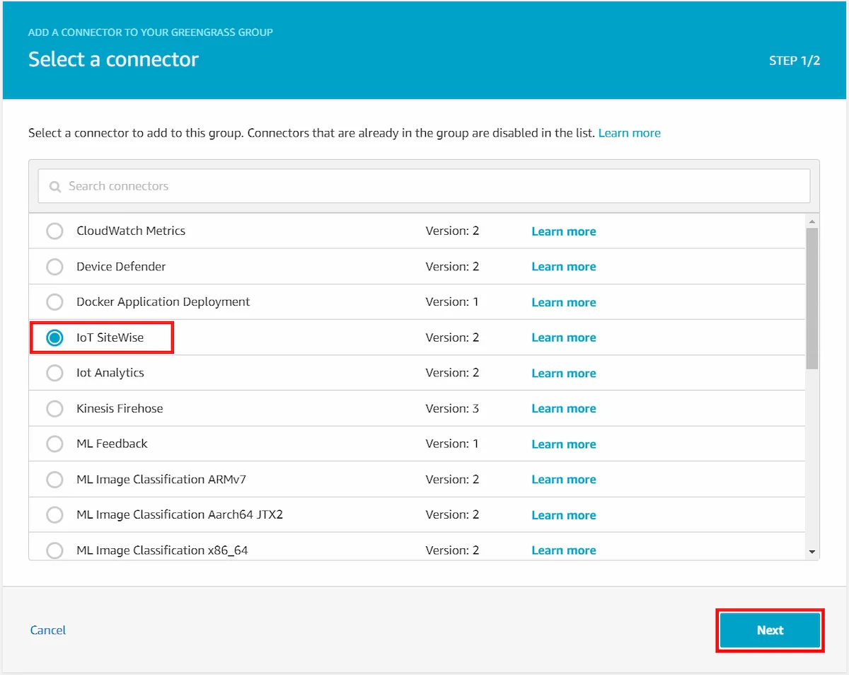 Select a connector - IoT SiteWise