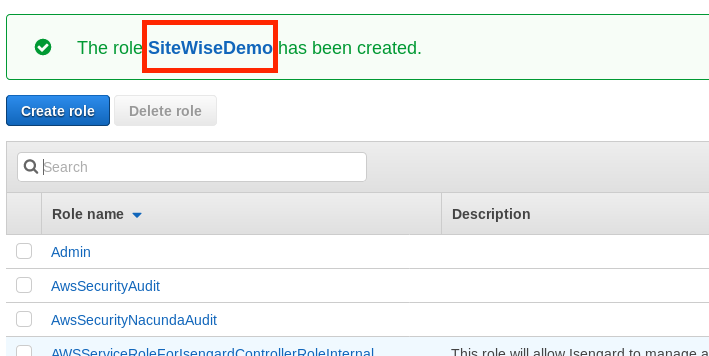 The role SiteWiseDemo has been created