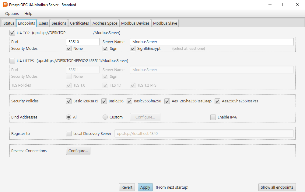 OPC UA Modbus Server - Endpoints tab screenshot