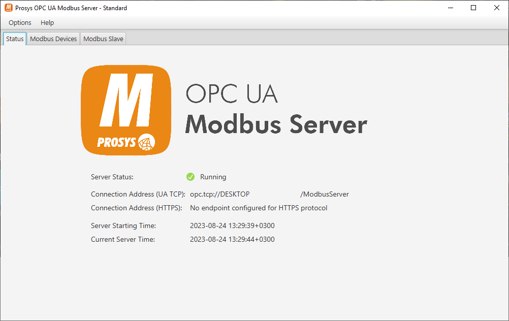 OPC UA Modbus Server - Status tab screenshot