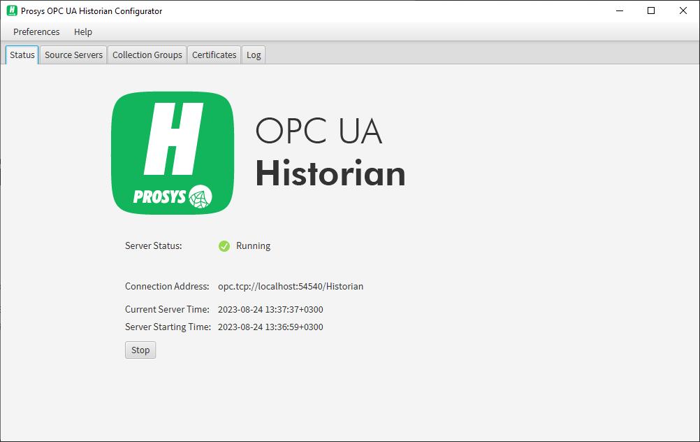 OPC UA Historian - Status tab screenshot