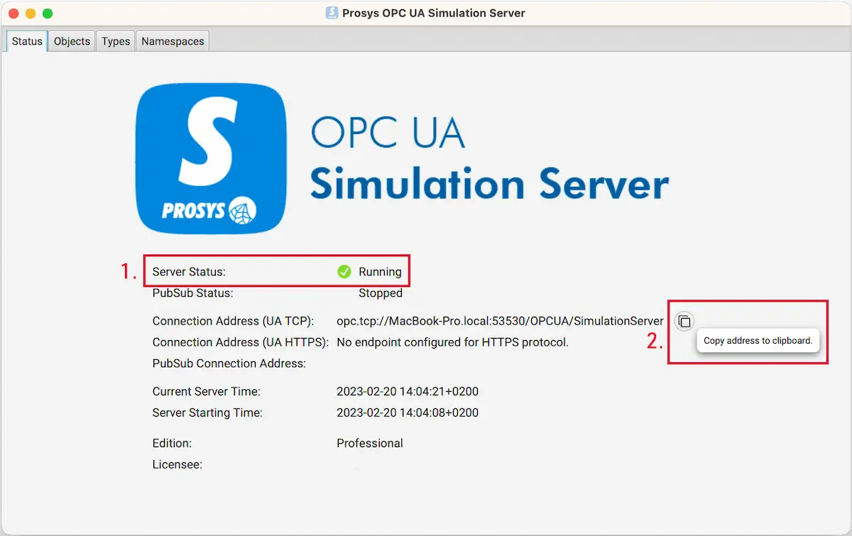 OPC UA Simulation Server - Status tab