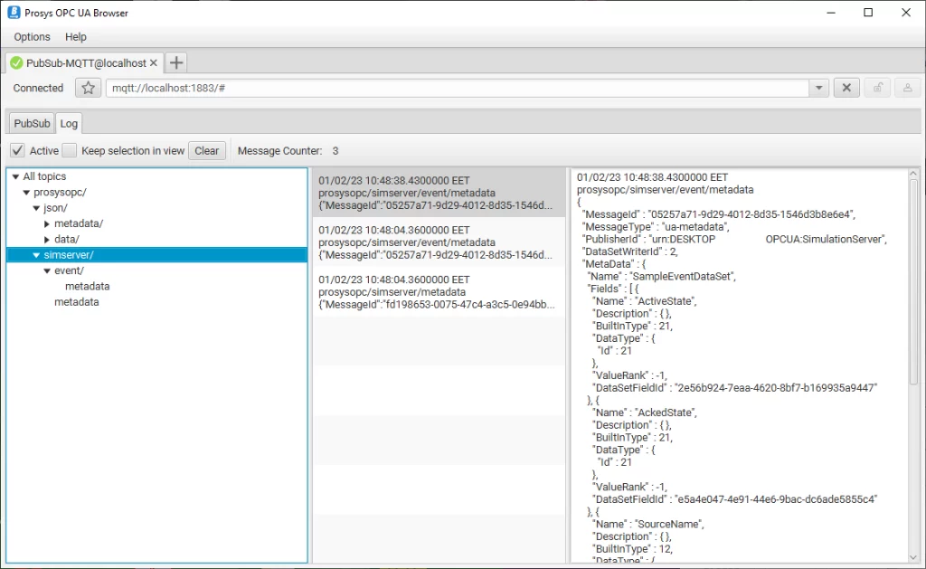 OPC UA Browser - PubSub Log screenshot