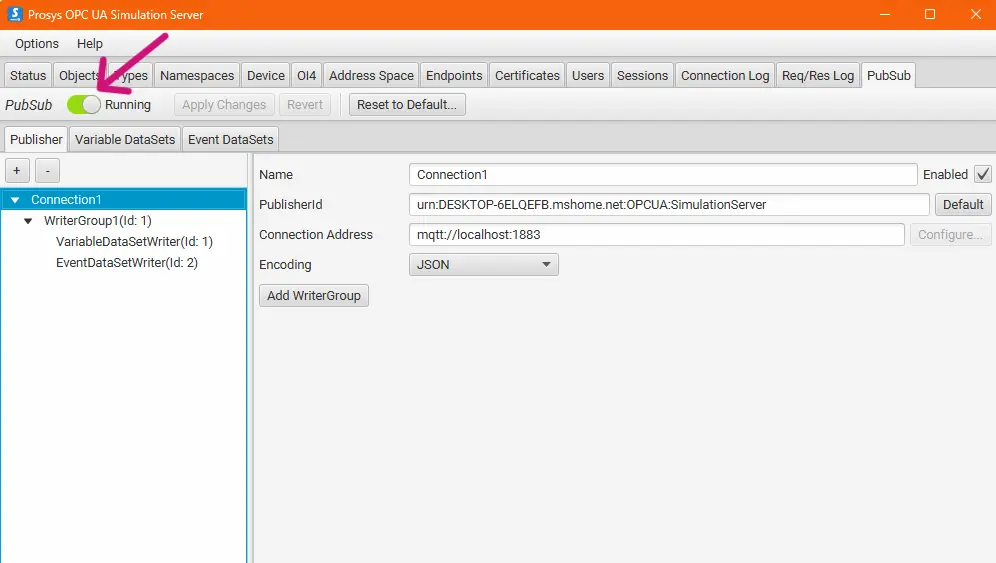 A screenshot of Prosys OPC UA Simulation Server PubSub tab. PubSub is set to Running state with default settings.