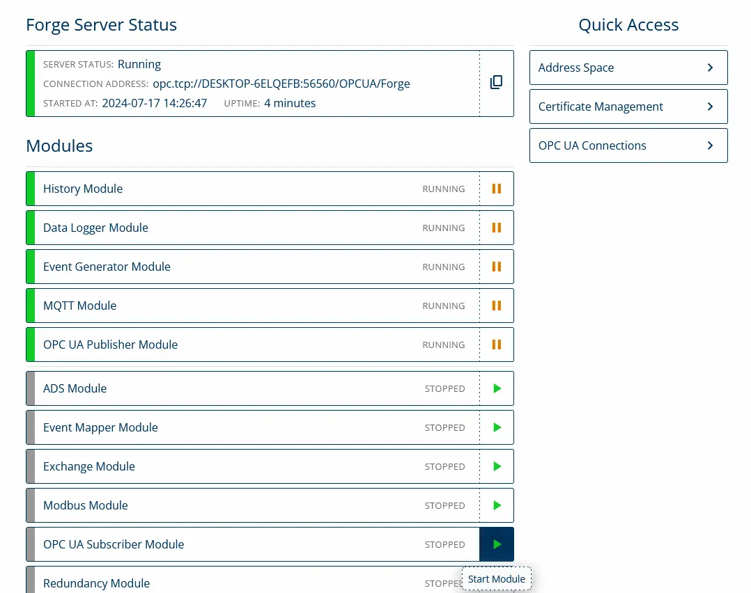 Forge's dashboard view, starting OPC UA Subscriber Module.